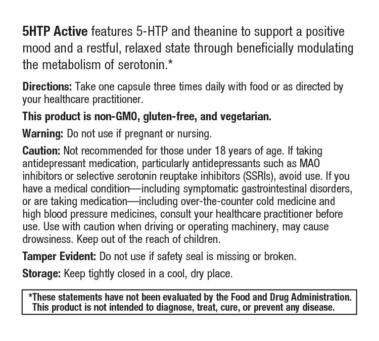 5HTP Active features 5-HTP and theanine to support a positive mood and a restful, relaxed state through beneficially modulating the metabolism of serotonin.