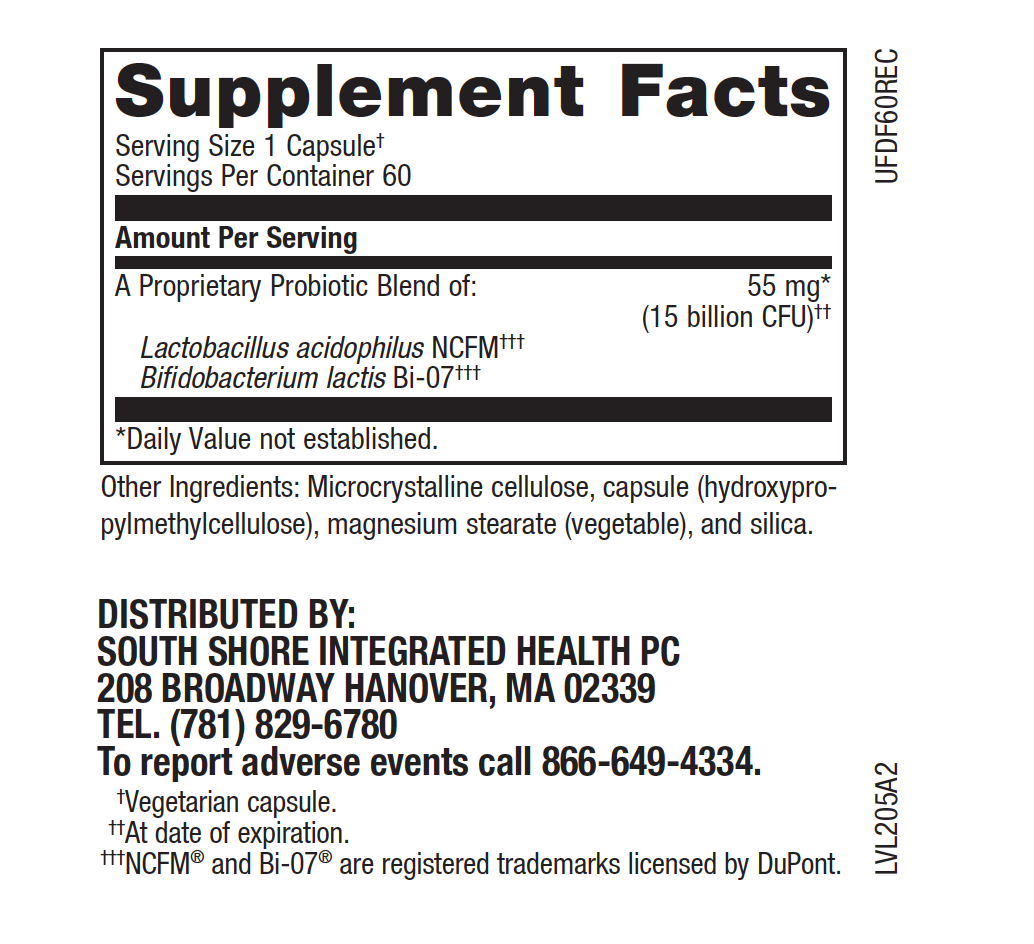 DM essentials Daily Flora 60 capsules bottle supplement facts. A probiotic blend of L. acidophilus NCFM® and B. lactis Bi-07®
