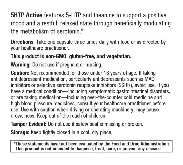 5HTP Active features 5-HTP and theanine to support a positive mood and a restful, relaxed state through beneficially modulating the metabolism of serotonin. 