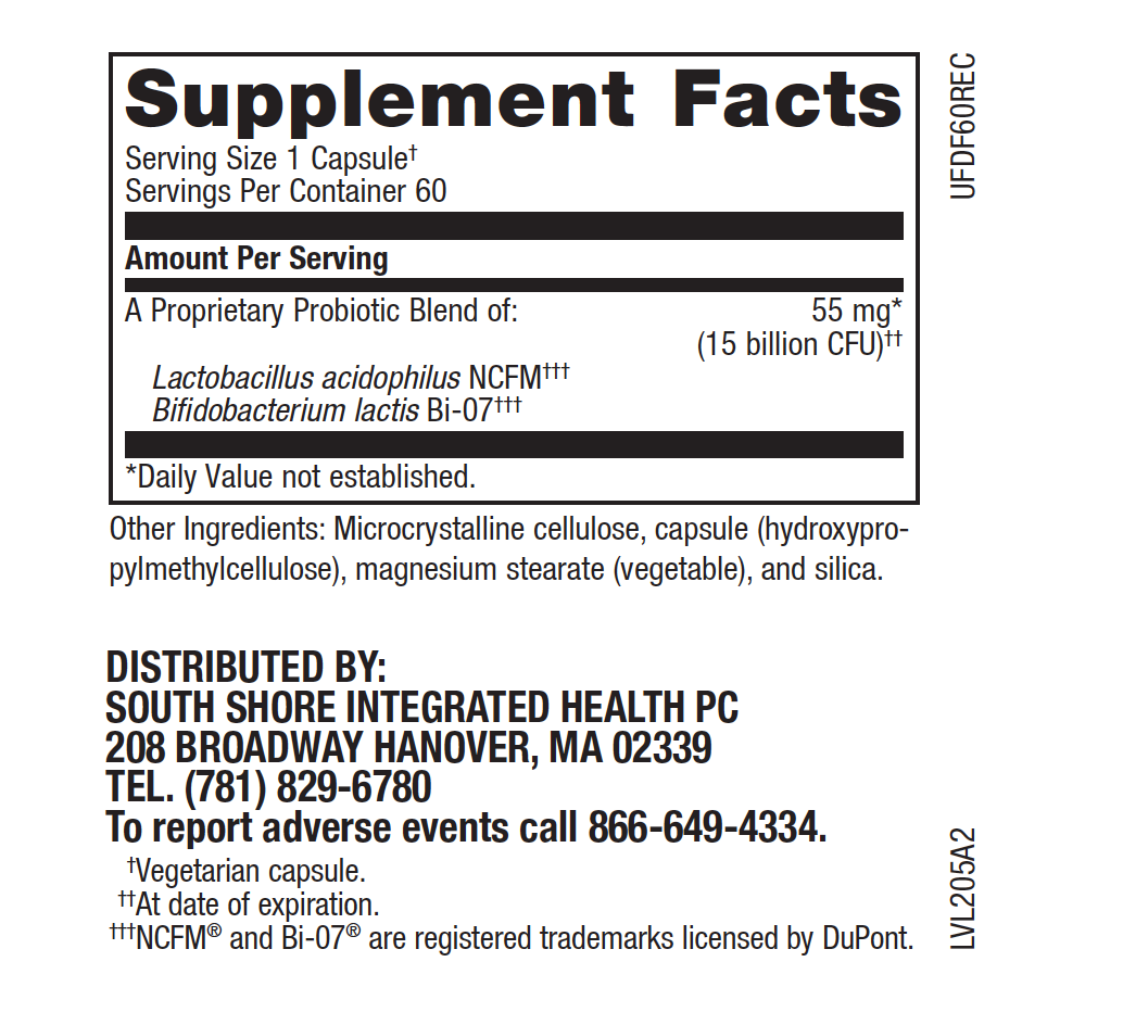 DM essentials Daily Flora 60 capsules bottle supplement facts. A probiotic blend of  L. acidophilus NCFM® and B. lactis Bi-07®