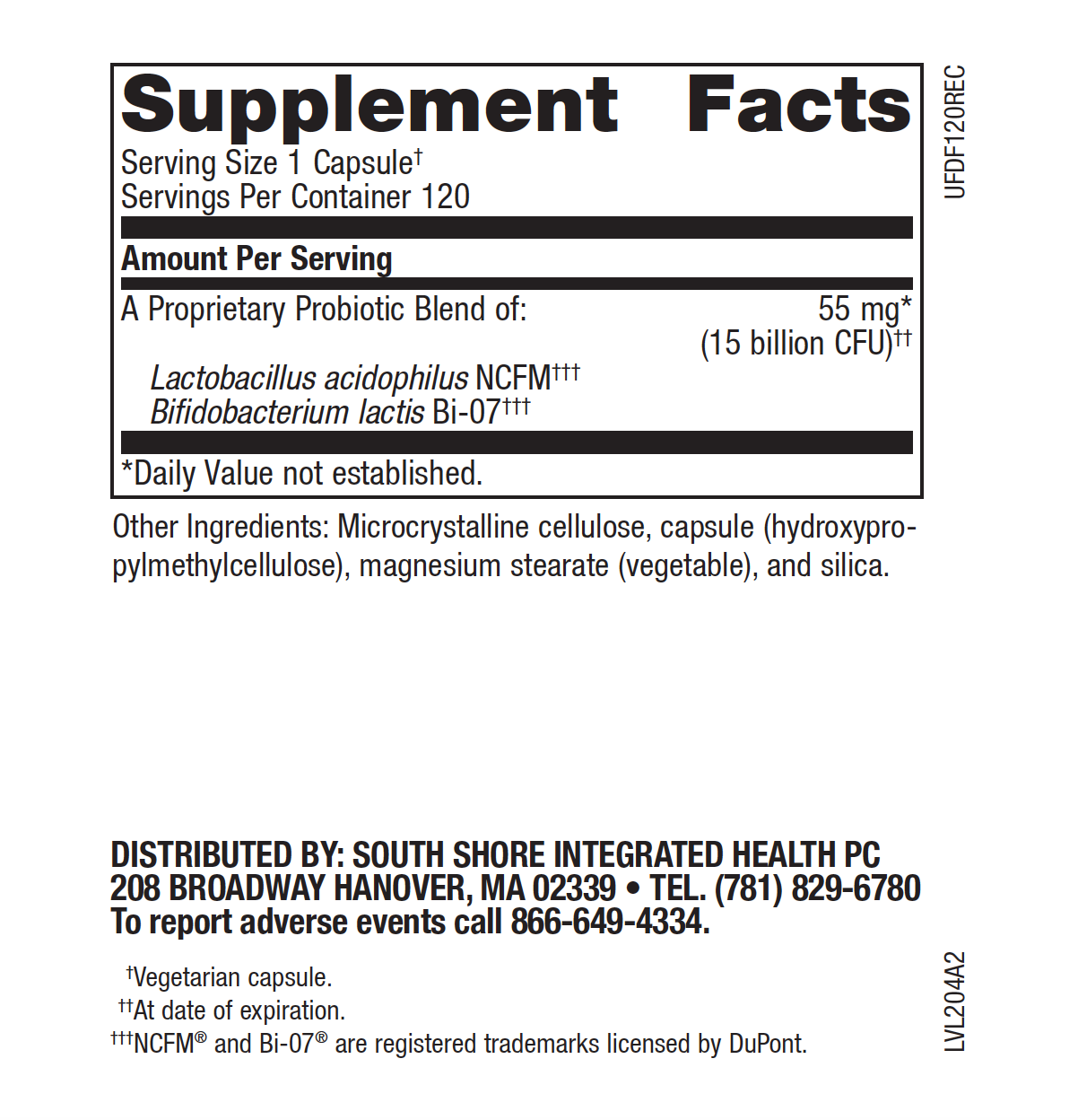 DM essentials Daily Flora 120 capsules bottle supplement facts.